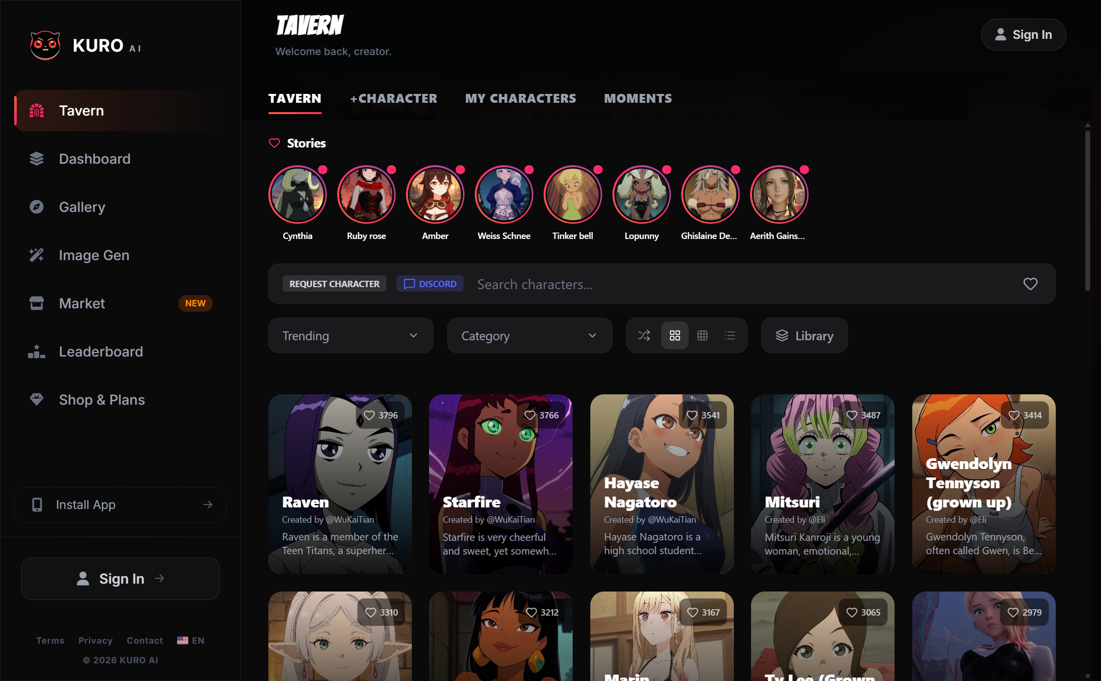 Kuro AI Tavern main interface